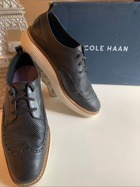 Cole Haan Black Leather Perforated Wingtip Oxfords with Cream Sole